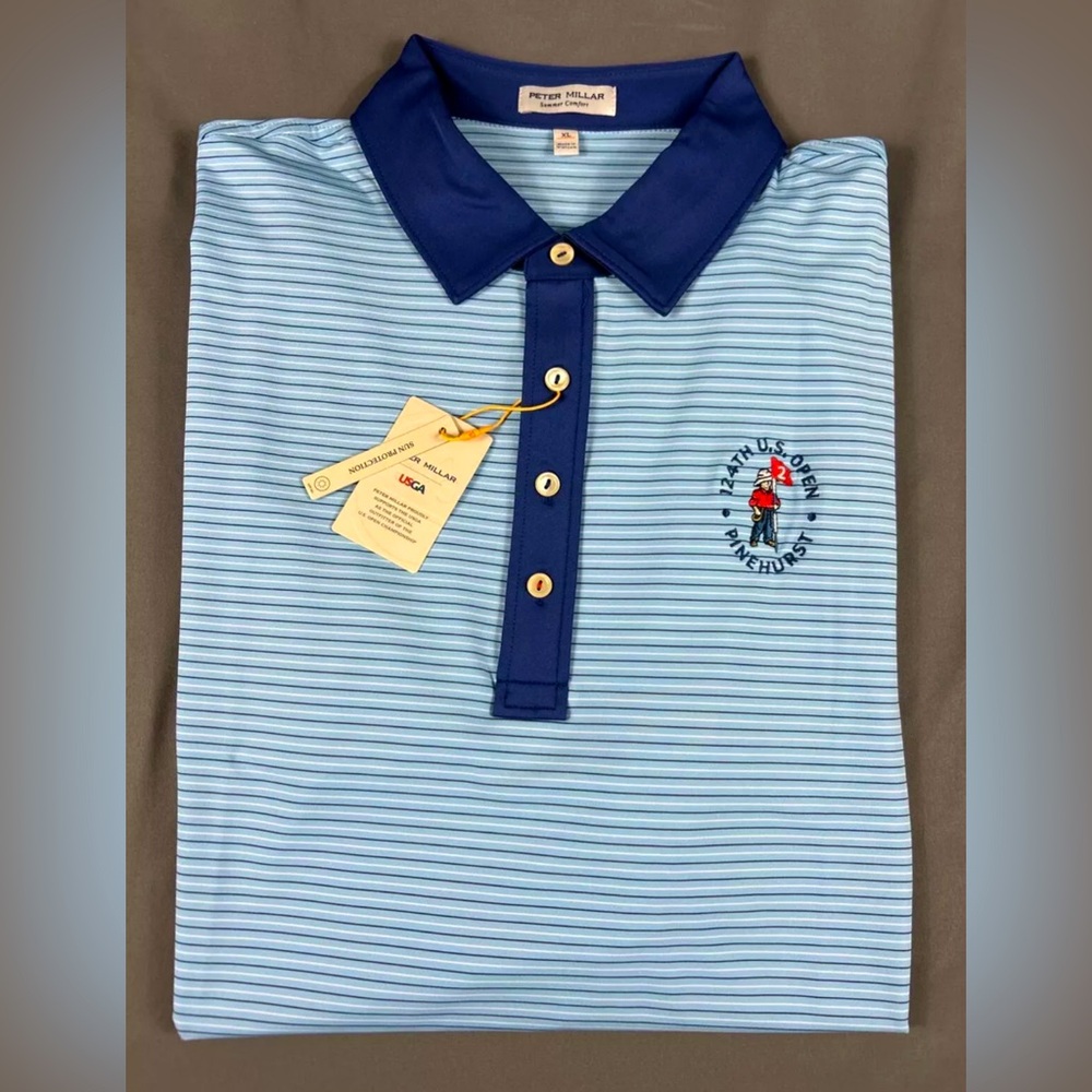 Peter Millar Golf Shirt Polo Pinehurst US Open Logo XL Blue Striped Polyester